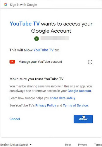 allow youtube tv sign into tv