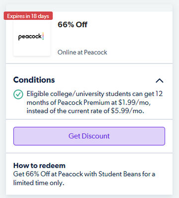 get peacock student discount on student beans