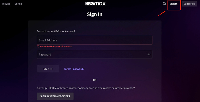 sign in to hbo max on tv by entering email address and password