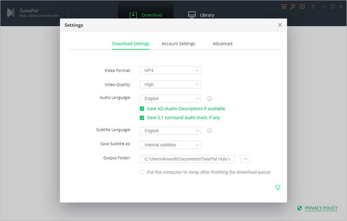 select the output settings for Hulu videos