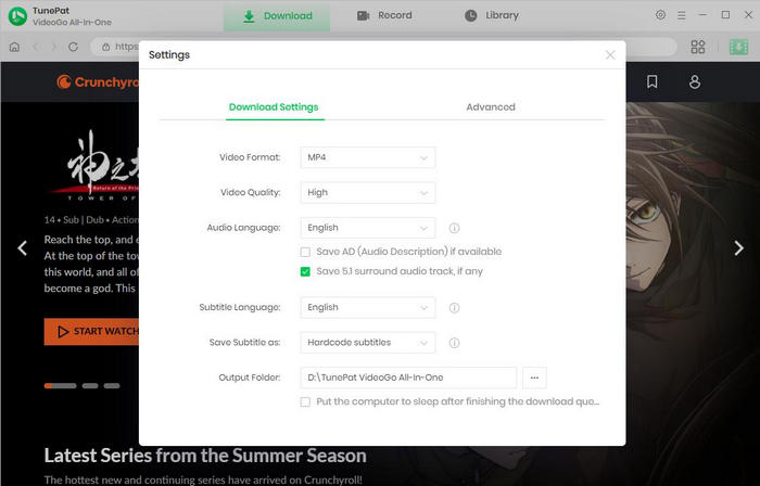 Choose Download Settings for Crunchyroll