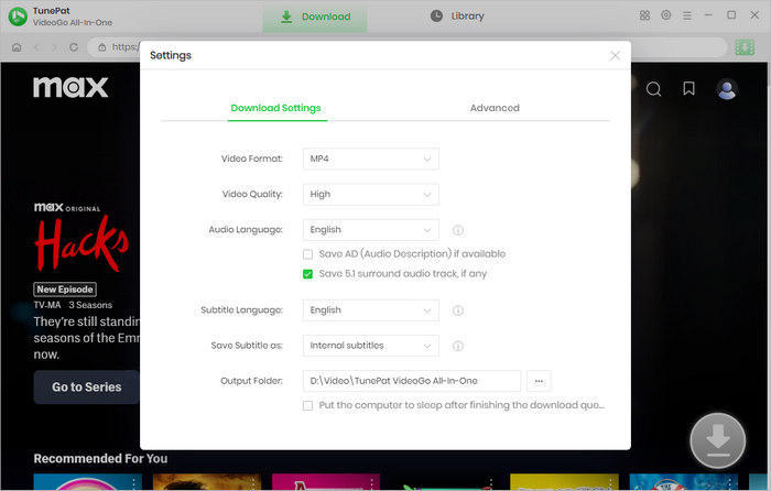 choose output settings for max